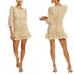 AVANTLOOK Ruffle Ruched Mini Dress in Khaki Gingham